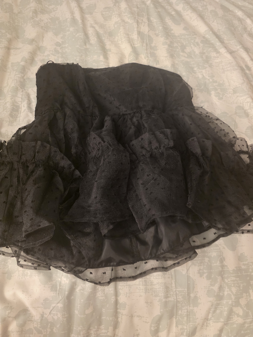 Strapless Black Ruffle Dot Mesh Top